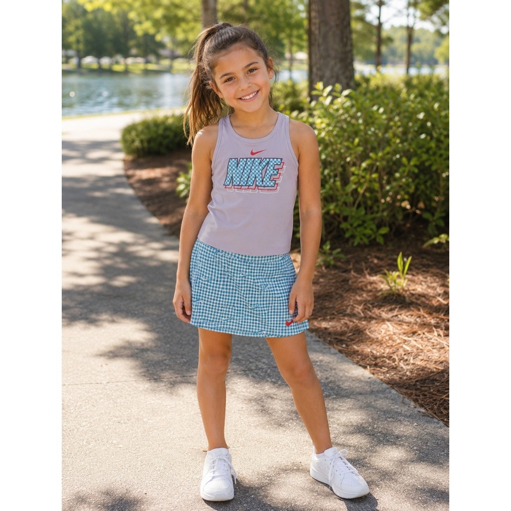 Nike Girls 2PC Skort Set Size 5/6 Lavender Tank & Blue Gingham Athletic Outfit